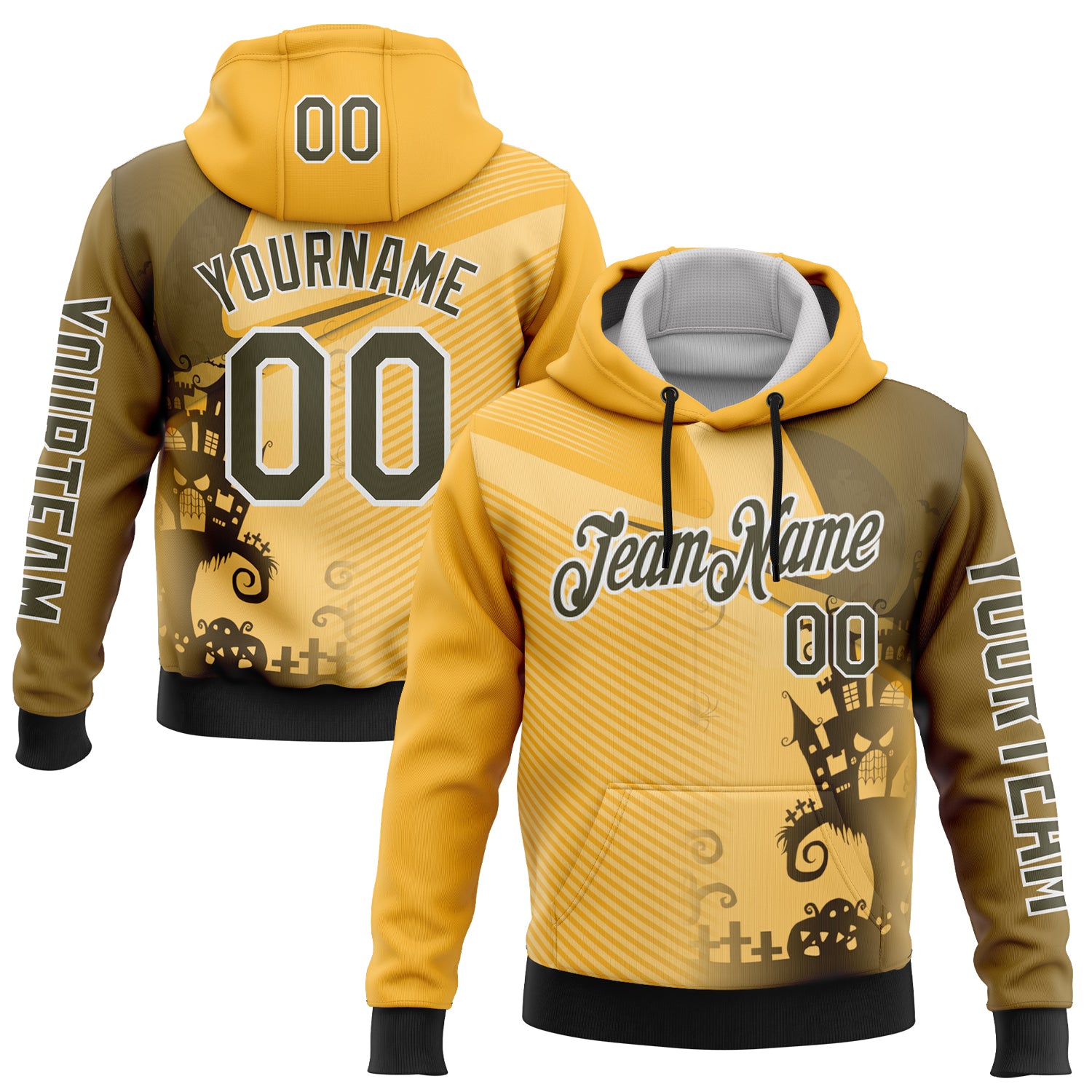 Custom Yellow Olive-White 3D Halloween Spooky Sportswear Pullover Sweatshirt Hoodie