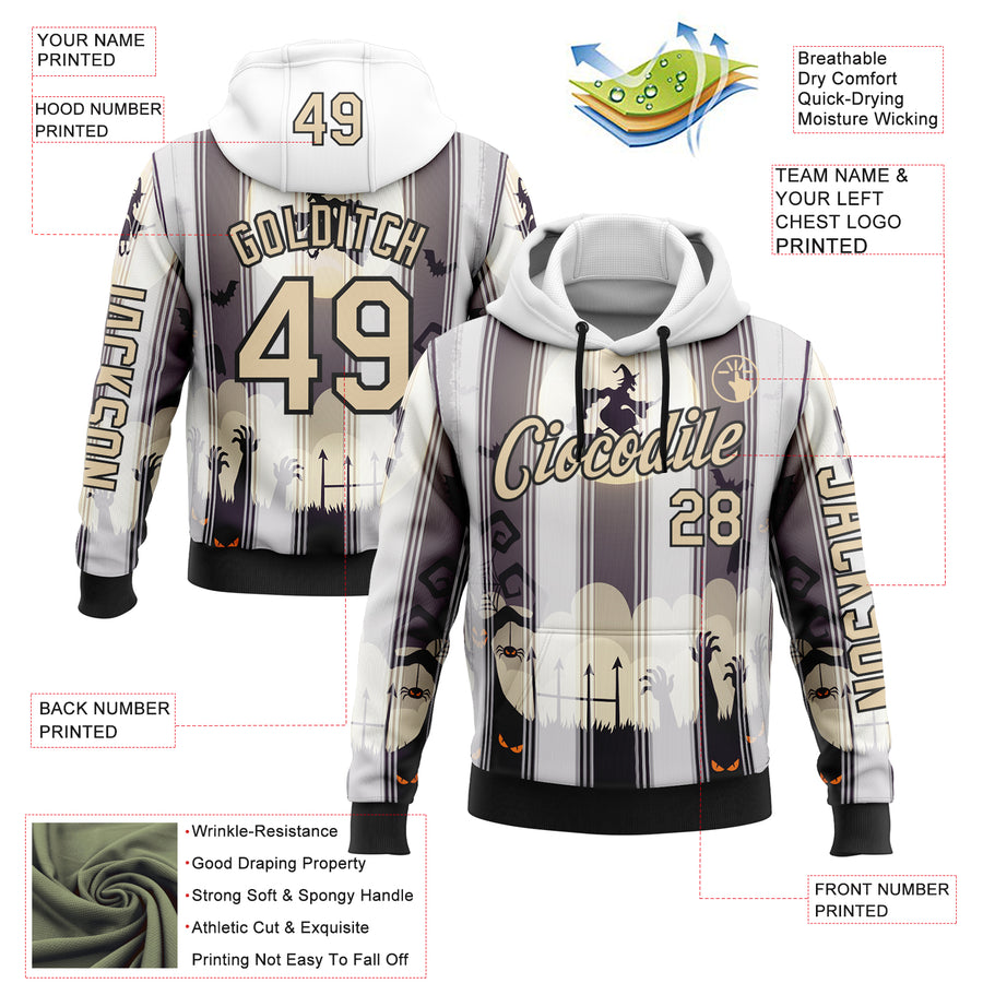 Custom White City Cream-Black 3D Halloween Spooky Sportswear Pullover Sweatshirt Hoodie