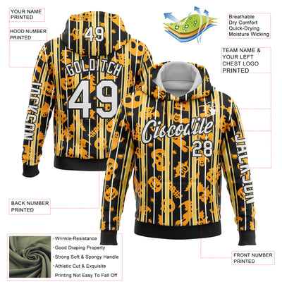 Custom Yellow White-Black 3D Halloween Pumpkin Spooky Stripe Sports Pullover Sweatshirt Hoodie