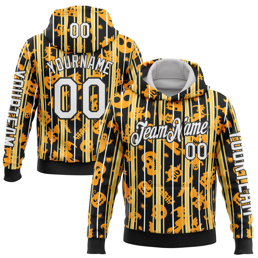 Custom Yellow White-Black 3D Halloween Pumpkin Spooky Stripe Sports Pullover Sweatshirt Hoodie