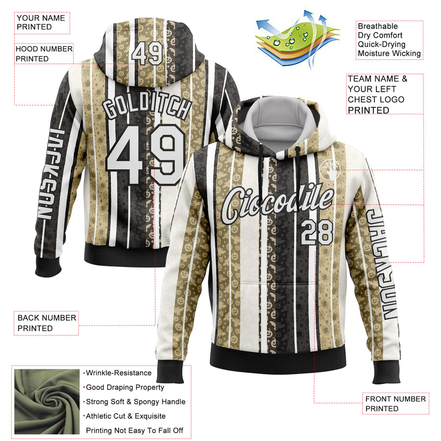 Custom White Black-Cream 3D Halloween Pumpkin Spooky Stripe Sports Pullover Sweatshirt Hoodie