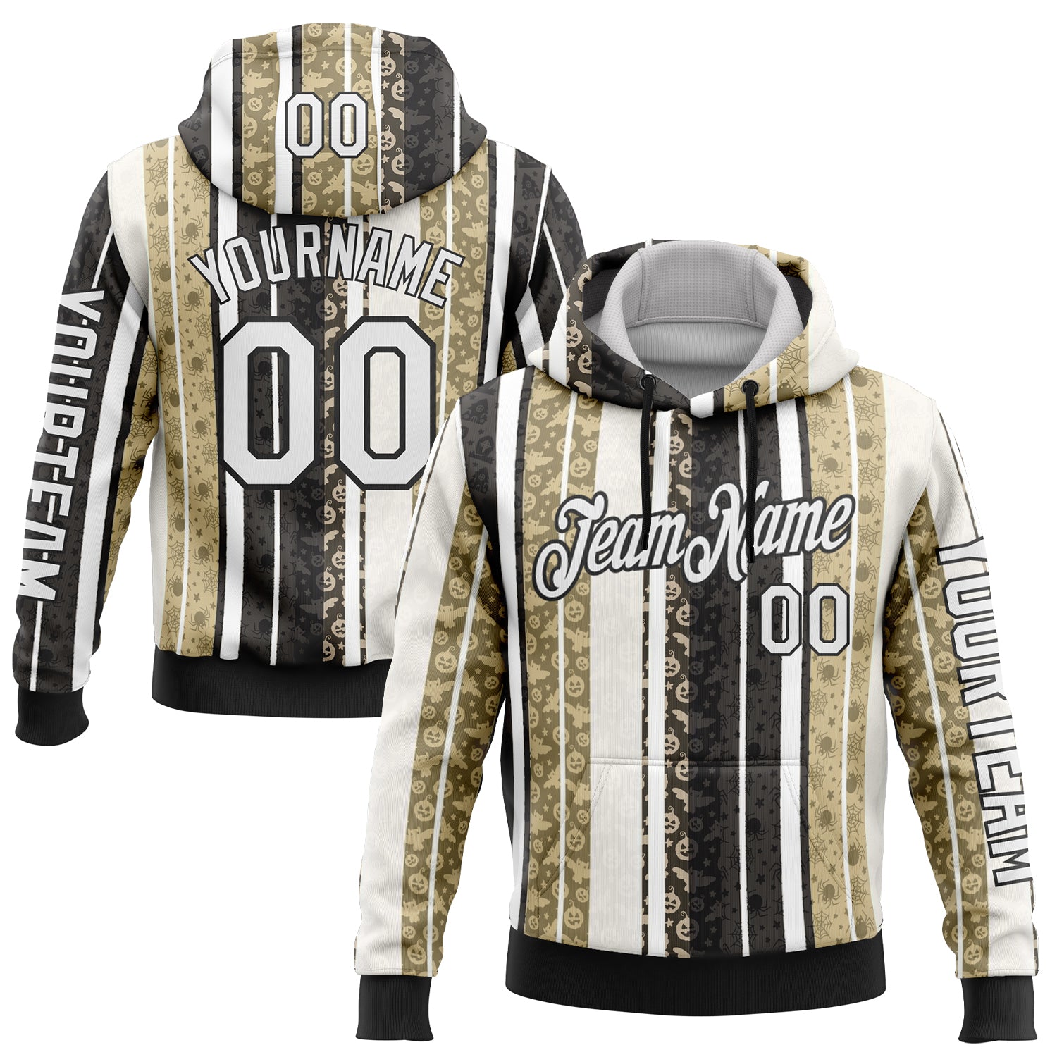 Custom White Black-Cream 3D Halloween Pumpkin Spooky Stripe Sports Pullover Sweatshirt Hoodie