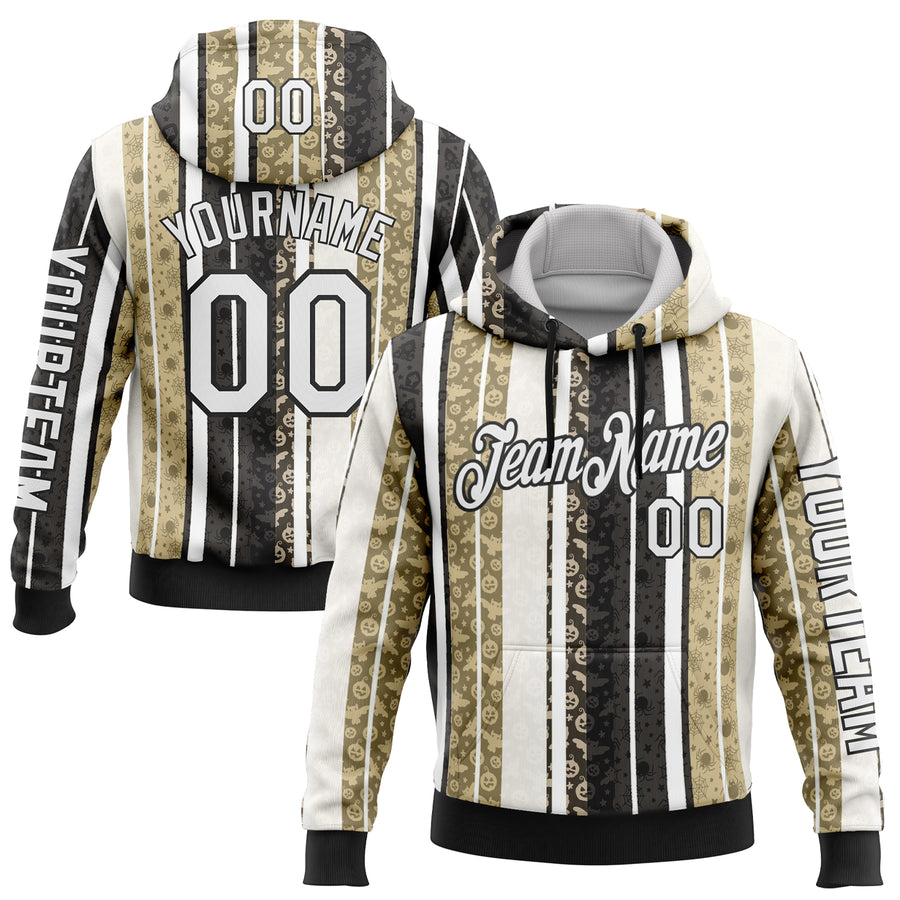 Custom White Black-Cream 3D Halloween Pumpkin Spooky Stripe Sports Pullover Sweatshirt Hoodie