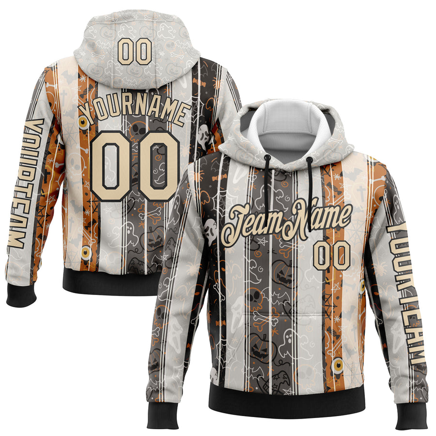 Custom White City Cream Black-Orange 3D Halloween Pumpkin Spooky Stripe Sports Pullover Sweatshirt Hoodie