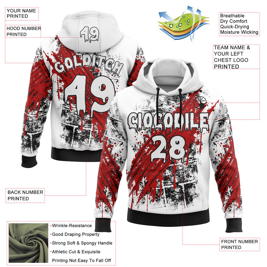 Custom White Red-Black 3D Halloween Creepy Scratch Spooky Sports Pullover Sweatshirt Hoodie