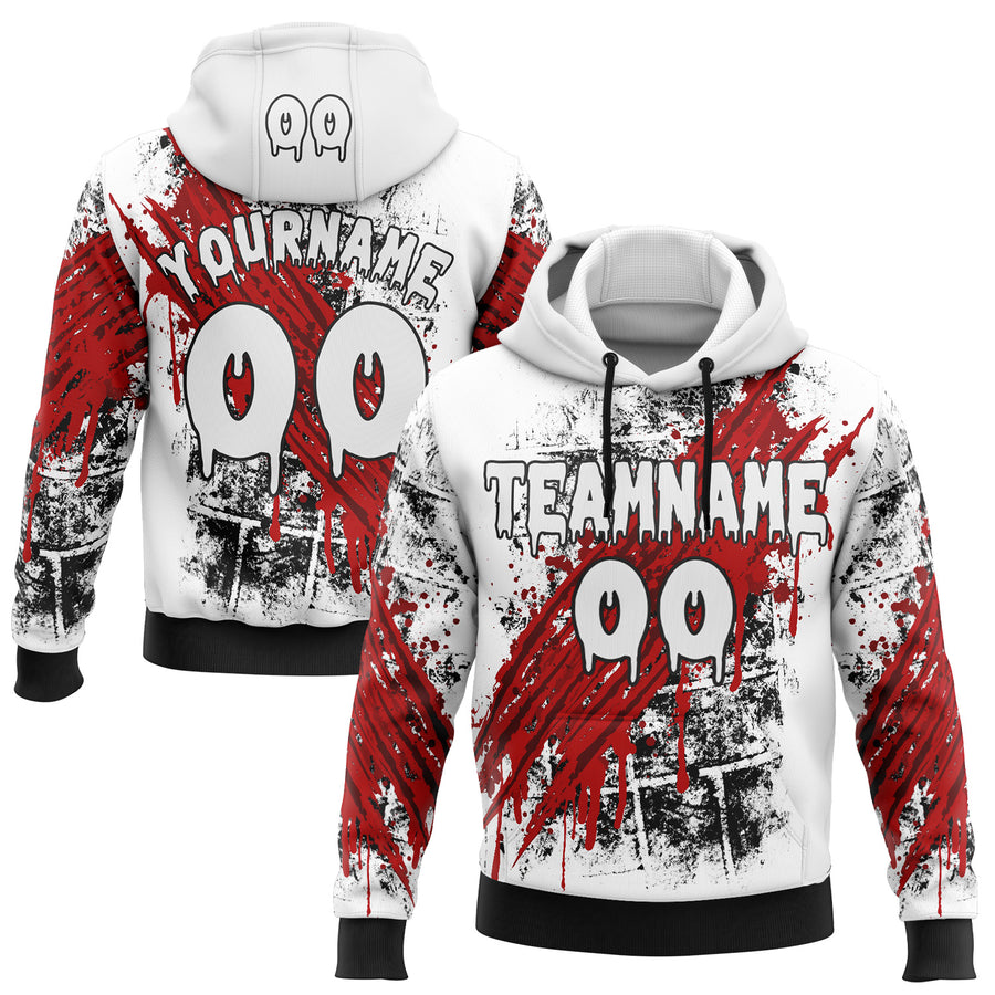 Custom White Red-Black 3D Halloween Creepy Scratch Spooky Sports Pullover Sweatshirt Hoodie