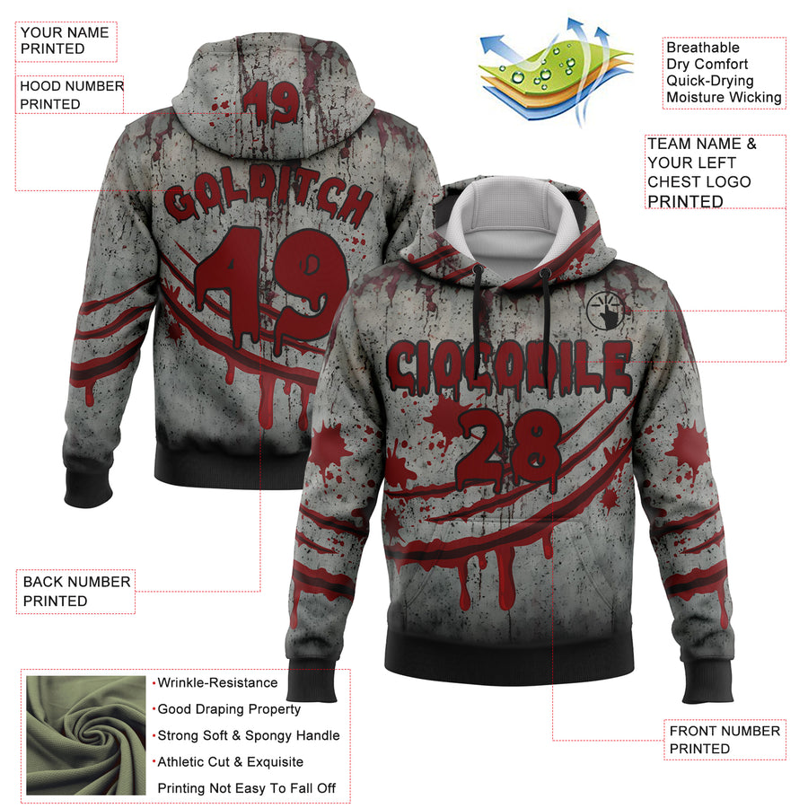 Custom Gray Red-Black 3D Halloween Creepy Spooky Horror Sports Pullover Sweatshirt Hoodie