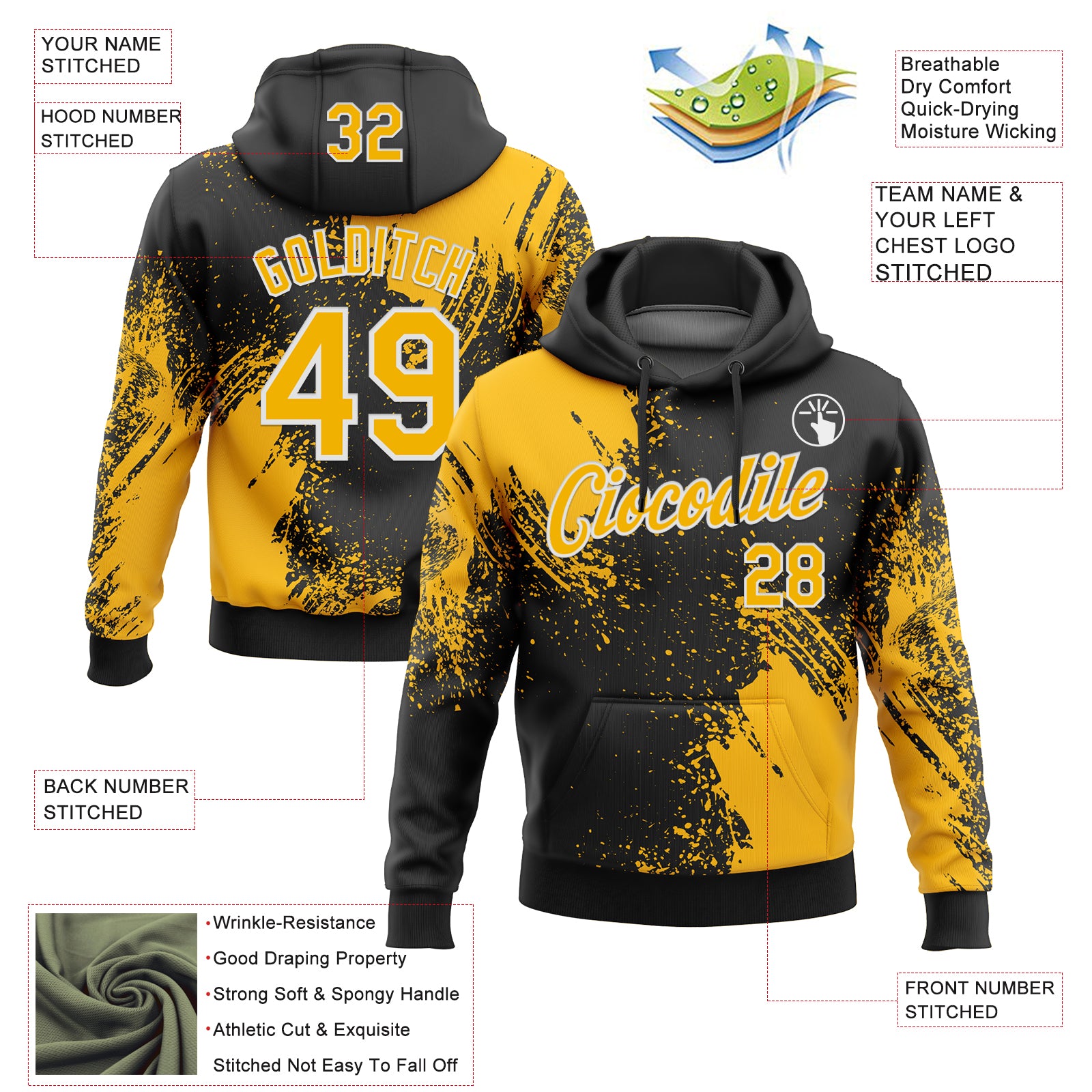 Custom Stitched Black Gold-White 3D Pattern Design Abstract Brush Stroke Sports Pullover Sweatshirt Hoodie