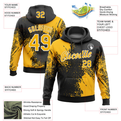 Custom Stitched Black Gold-White 3D Pattern Design Abstract Brush Stroke Sports Pullover Sweatshirt Hoodie