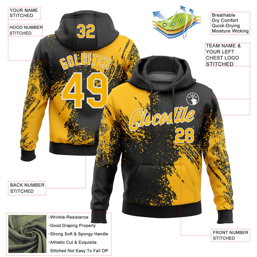 Custom Stitched Black Gold-White 3D Pattern Design Abstract Brush Stroke Sports Pullover Sweatshirt Hoodie