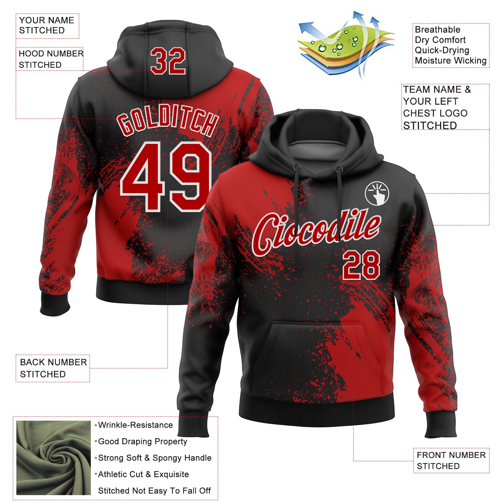Custom Stitched Black Red-White 3D Pattern Design Abstract Brush Stroke Sports Pullover Sweatshirt Hoodie