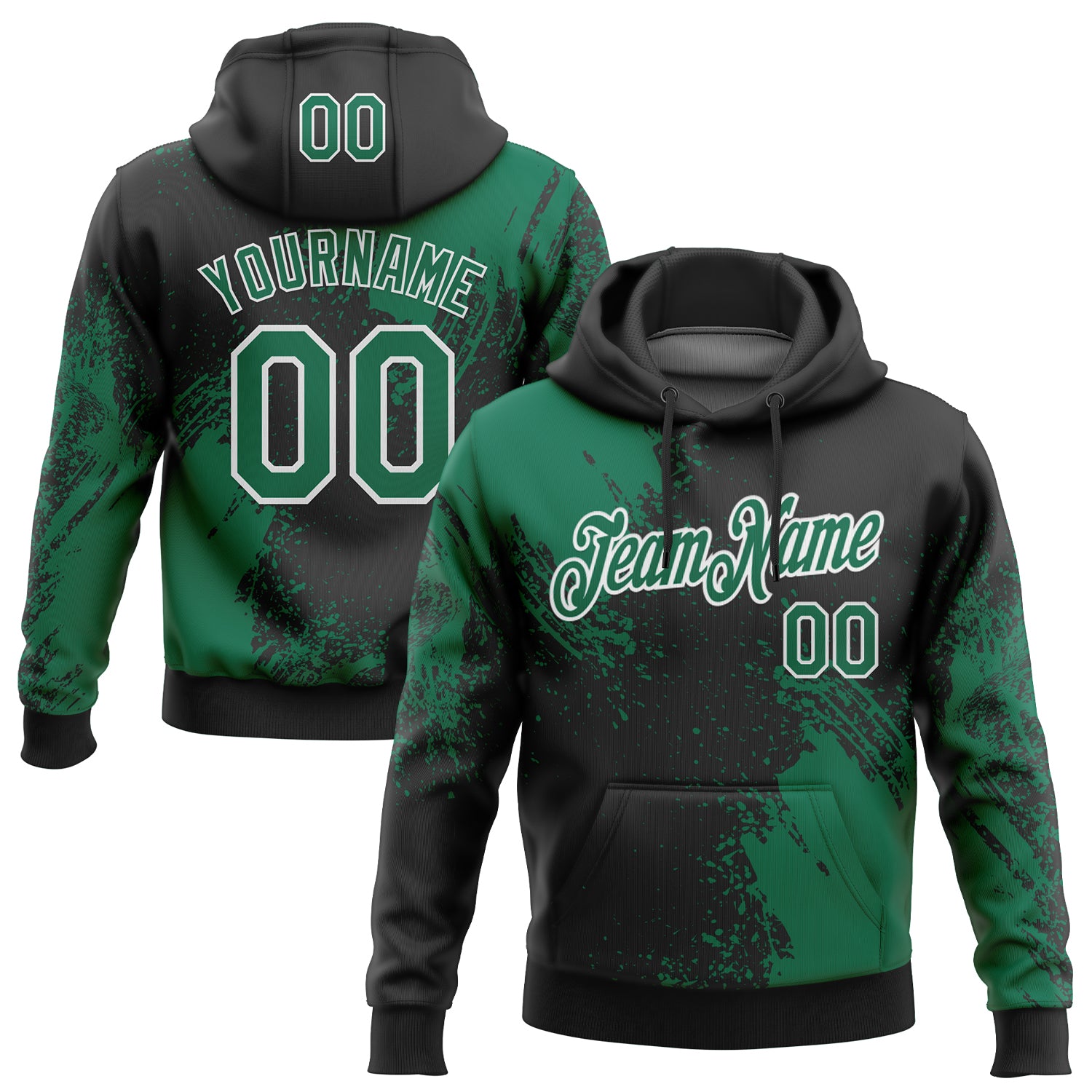 Custom Stitched Black Kelly Green-White 3D Pattern Design Abstract Brush Stroke Sports Pullover Sweatshirt Hoodie