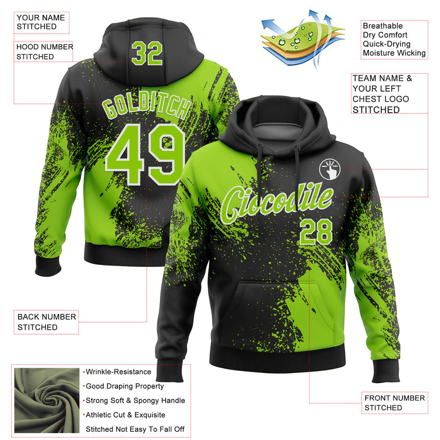 Custom Stitched Black Neon Green-White 3D Pattern Design Abstract Brush Stroke Sports Pullover Sweatshirt Hoodie