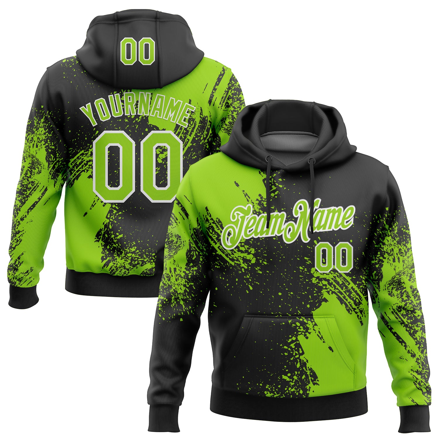 Custom Stitched Black Neon Green-White 3D Pattern Design Abstract Brush Stroke Sports Pullover Sweatshirt Hoodie