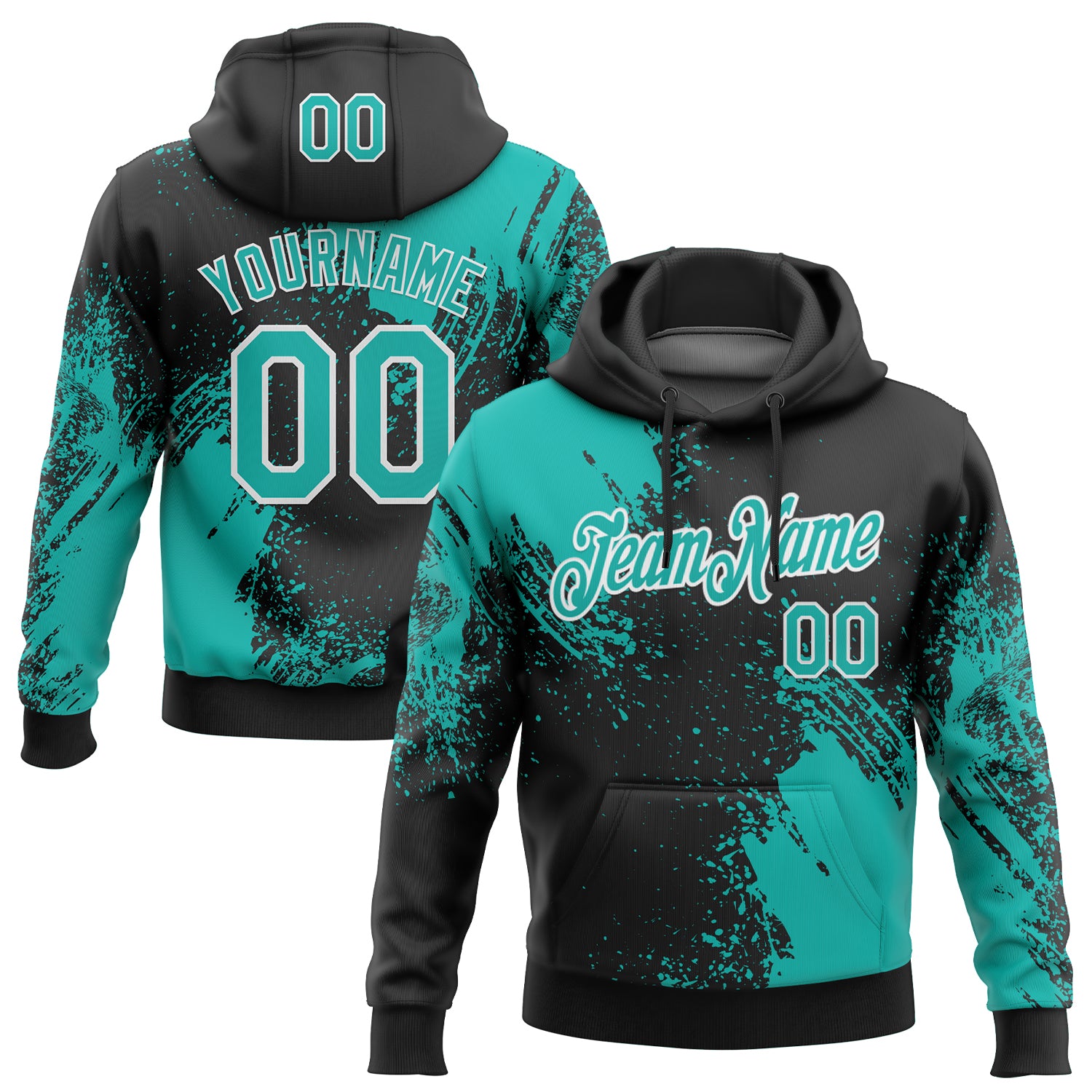 Custom Stitched Black Aqua-White 3D Pattern Design Abstract Brush Stroke Sports Pullover Sweatshirt Hoodie