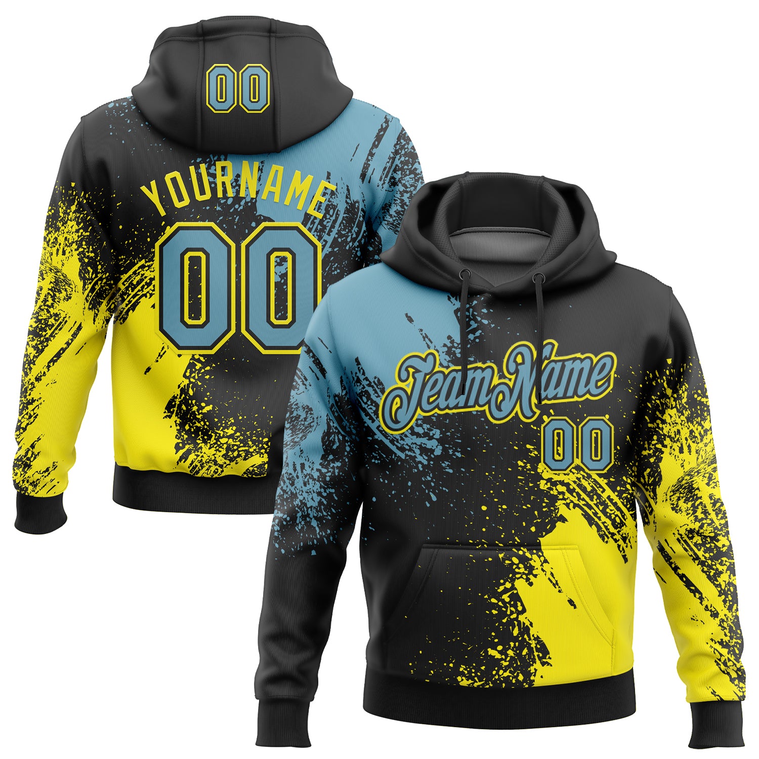 Custom Stitched Black Shadow Blue-Light Yellow 3D Pattern Design Abstract Brush Stroke Sports Pullover Sweatshirt Hoodie