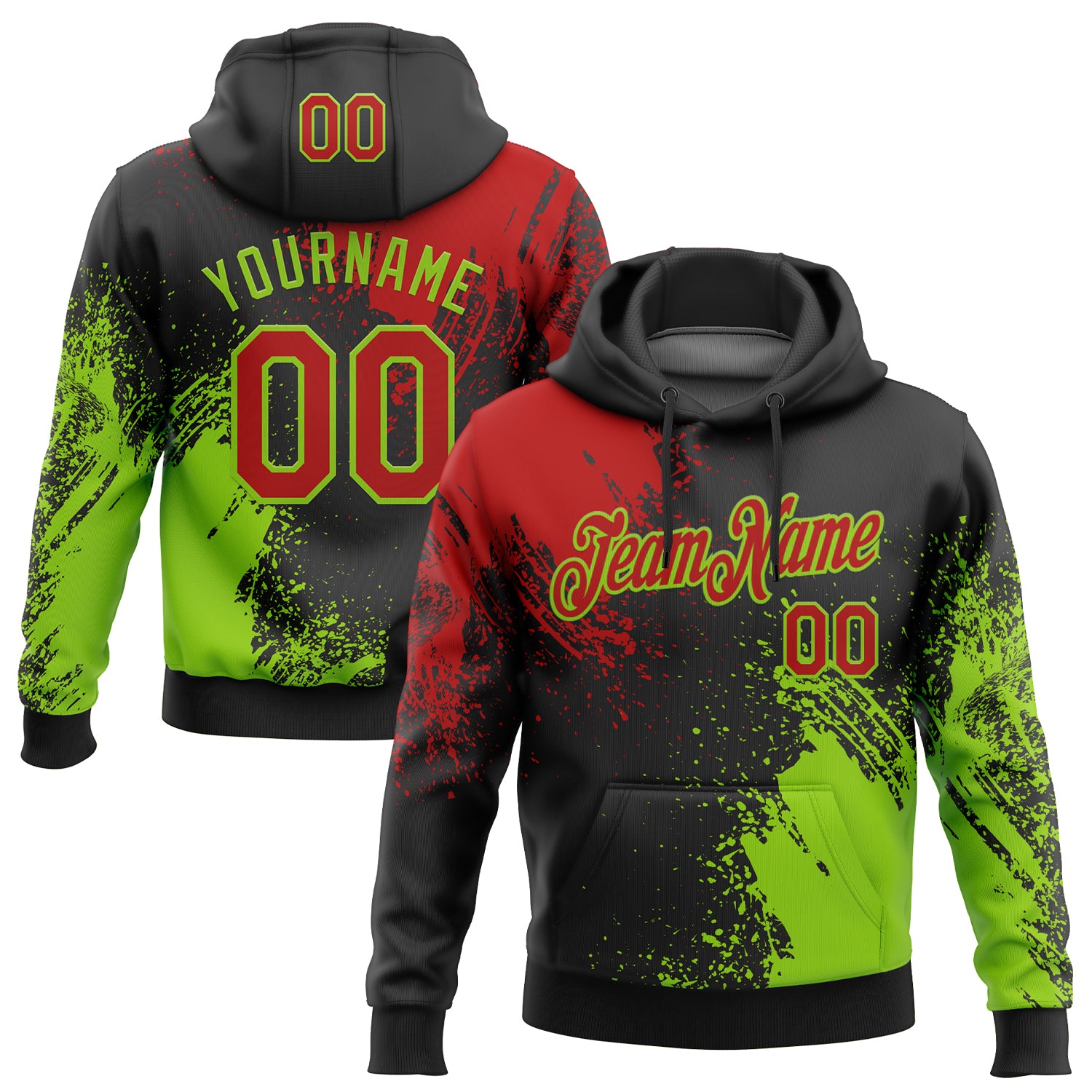 Custom Stitched Black Red-Neon Green 3D Pattern Design Abstract Brush Stroke Sports Pullover Sweatshirt Hoodie