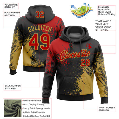 Custom Stitched Black Red-Old Gold 3D Pattern Design Abstract Brush Stroke Sports Pullover Sweatshirt Hoodie