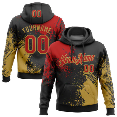 Custom Stitched Black Red-Old Gold 3D Pattern Design Abstract Brush Stroke Sports Pullover Sweatshirt Hoodie