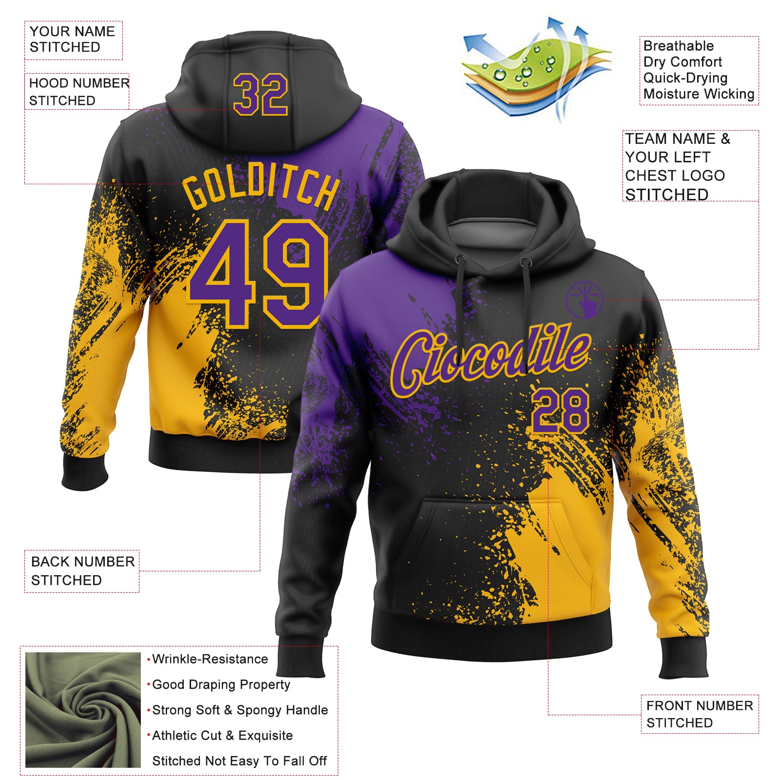 Custom Stitched Black Purple-Gold 3D Pattern Design Abstract Brush Stroke Sports Pullover Sweatshirt Hoodie