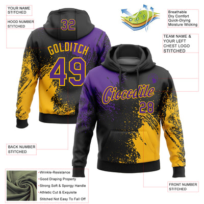 Custom Stitched Black Purple-Gold 3D Pattern Design Abstract Brush Stroke Sports Pullover Sweatshirt Hoodie