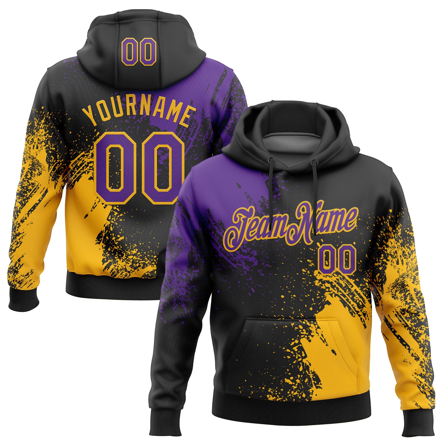 Custom Stitched Black Purple-Gold 3D Pattern Design Abstract Brush Stroke Sports Pullover Sweatshirt Hoodie