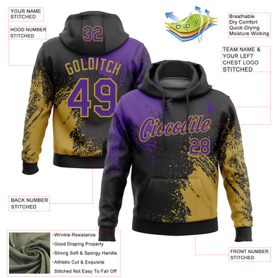 Custom Stitched Black Purple-Old Gold 3D Pattern Design Abstract Brush Stroke Sports Pullover Sweatshirt Hoodie