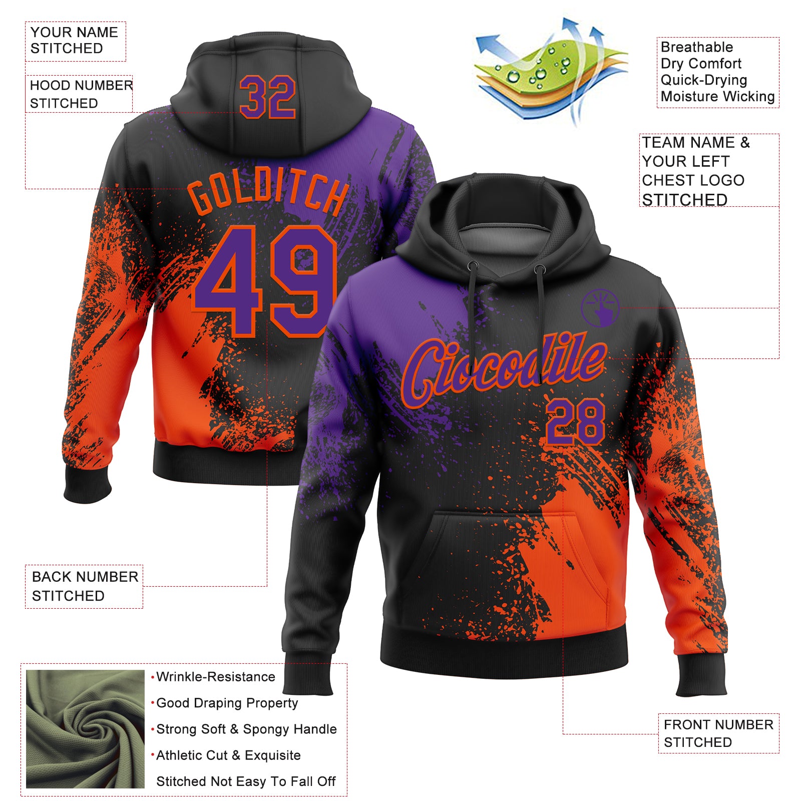 Custom Stitched Black Purple-Orange 3D Pattern Design Abstract Brush Stroke Sports Pullover Sweatshirt Hoodie