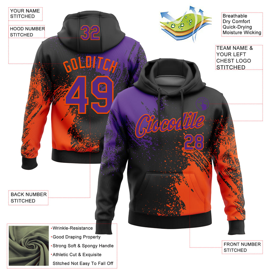Custom Stitched Black Purple-Orange 3D Pattern Design Abstract Brush Stroke Sports Pullover Sweatshirt Hoodie