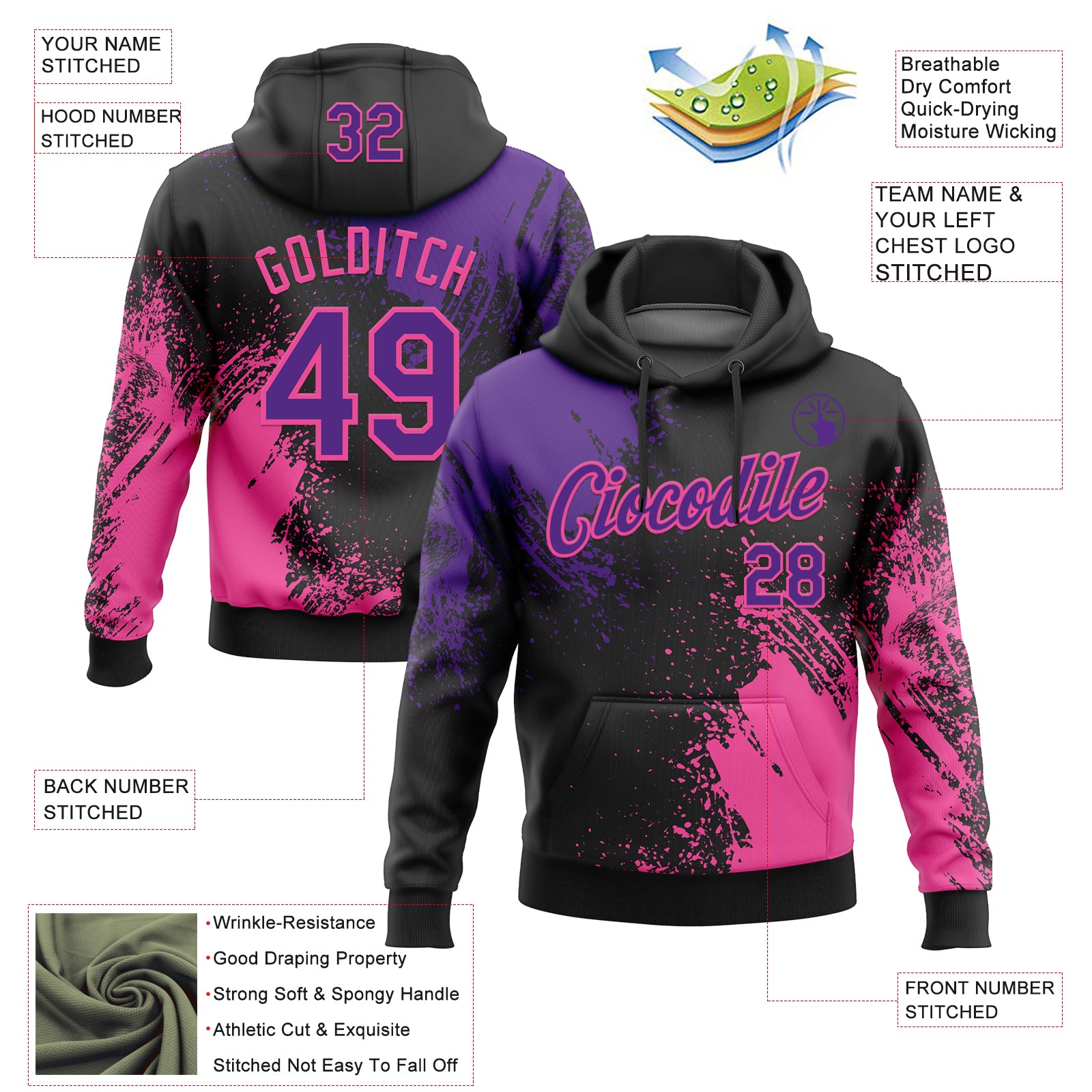 Custom Stitched Black Purple-Pink 3D Pattern Design Abstract Brush Stroke Sports Pullover Sweatshirt Hoodie