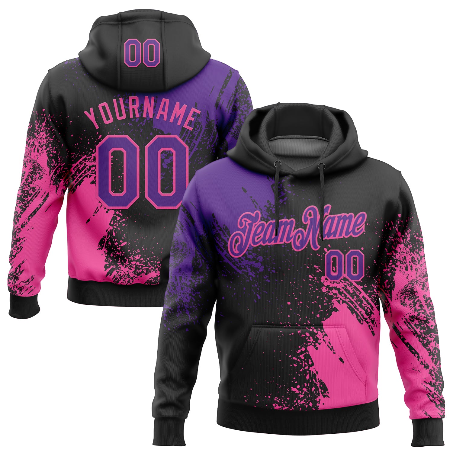 Custom Stitched Black Purple-Pink 3D Pattern Design Abstract Brush Stroke Sports Pullover Sweatshirt Hoodie