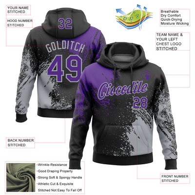 Custom Stitched Black Purple-Gray 3D Pattern Design Abstract Brush Stroke Sports Pullover Sweatshirt Hoodie
