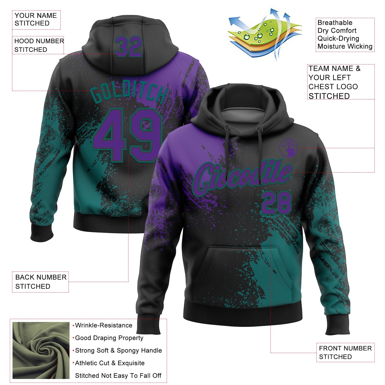 Custom Stitched Black Purple-Teal 3D Pattern Design Abstract Brush Stroke Sports Pullover Sweatshirt Hoodie