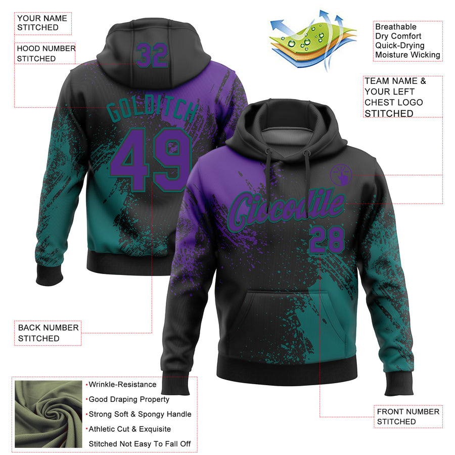 Custom Stitched Black Purple-Teal 3D Pattern Design Abstract Brush Stroke Sports Pullover Sweatshirt Hoodie