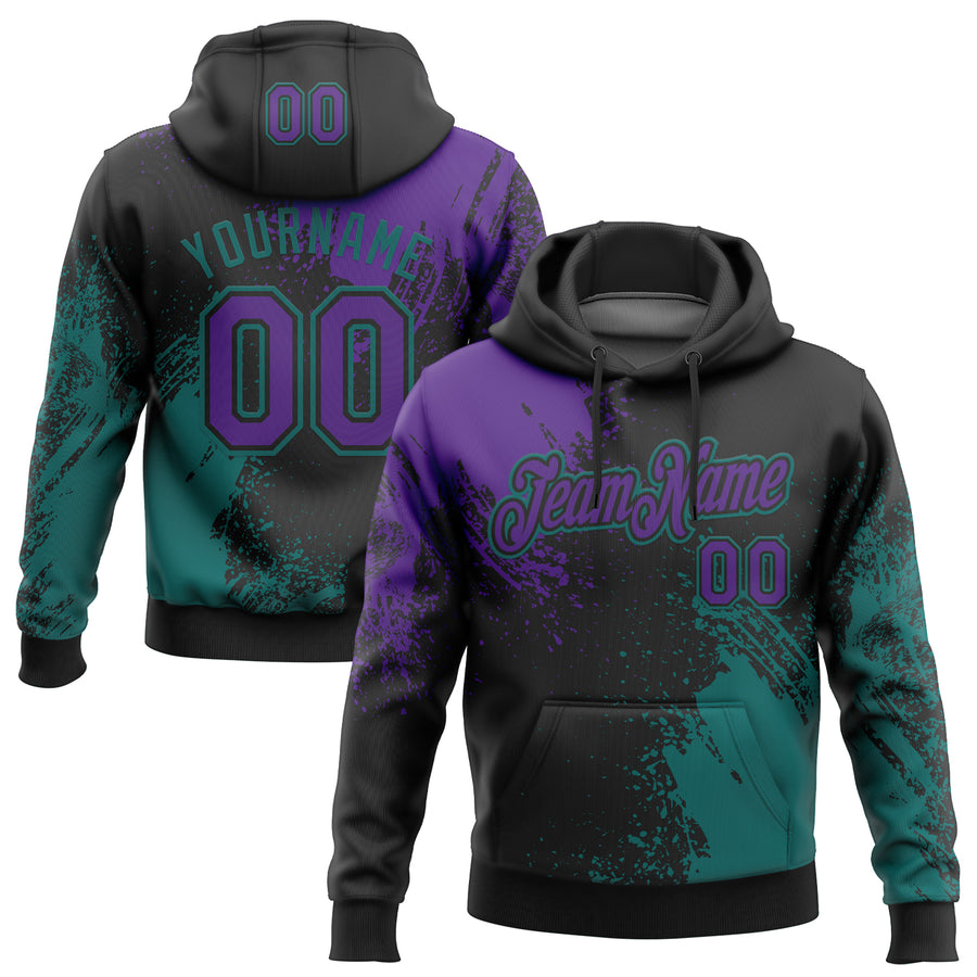 Custom Stitched Black Purple-Teal 3D Pattern Design Abstract Brush Stroke Sports Pullover Sweatshirt Hoodie