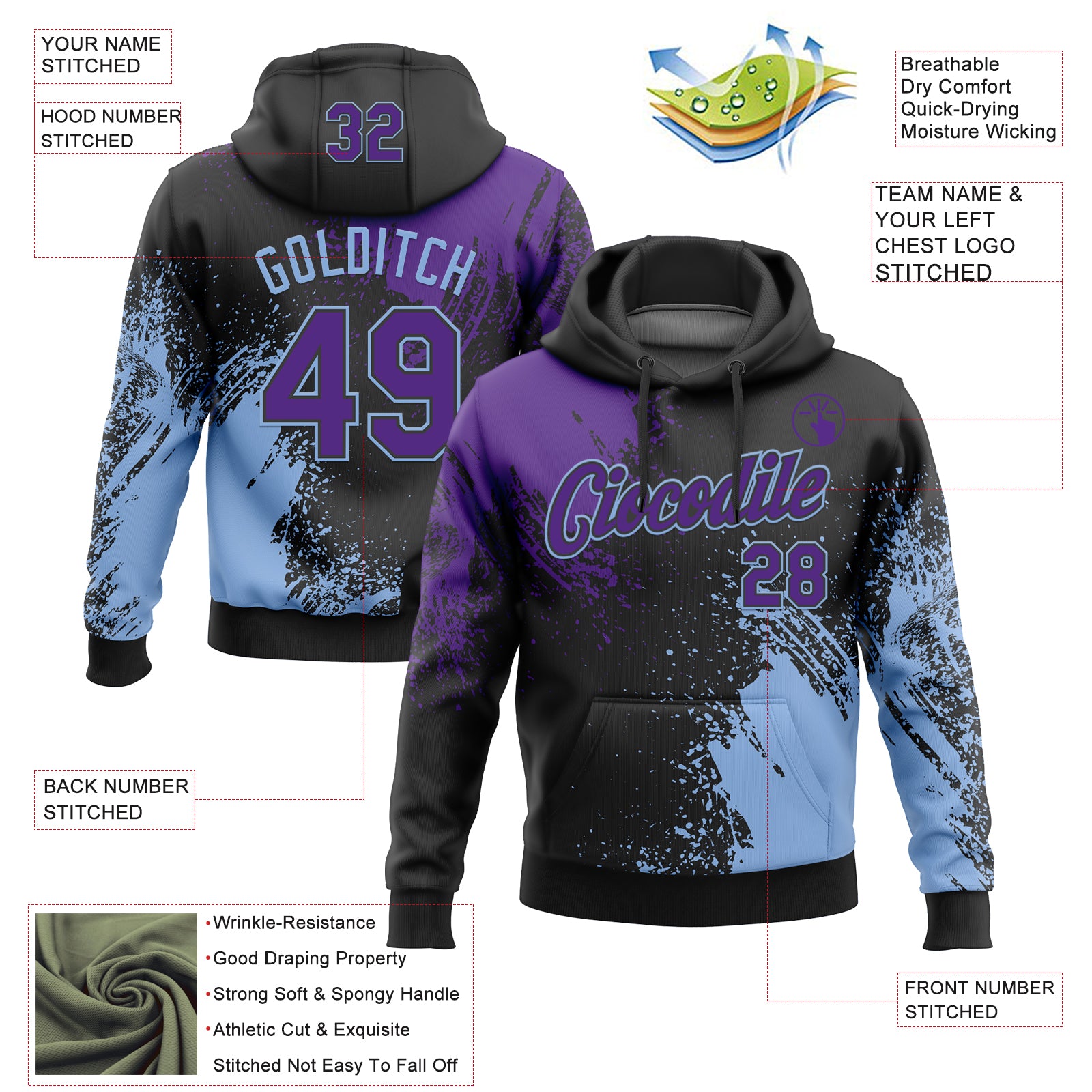 Custom Stitched Black Purple-Light Blue 3D Pattern Design Abstract Brush Stroke Sports Pullover Sweatshirt Hoodie
