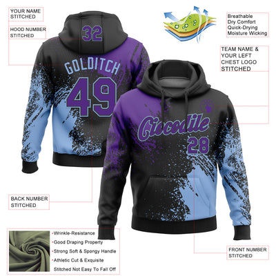 Custom Stitched Black Purple-Light Blue 3D Pattern Design Abstract Brush Stroke Sports Pullover Sweatshirt Hoodie