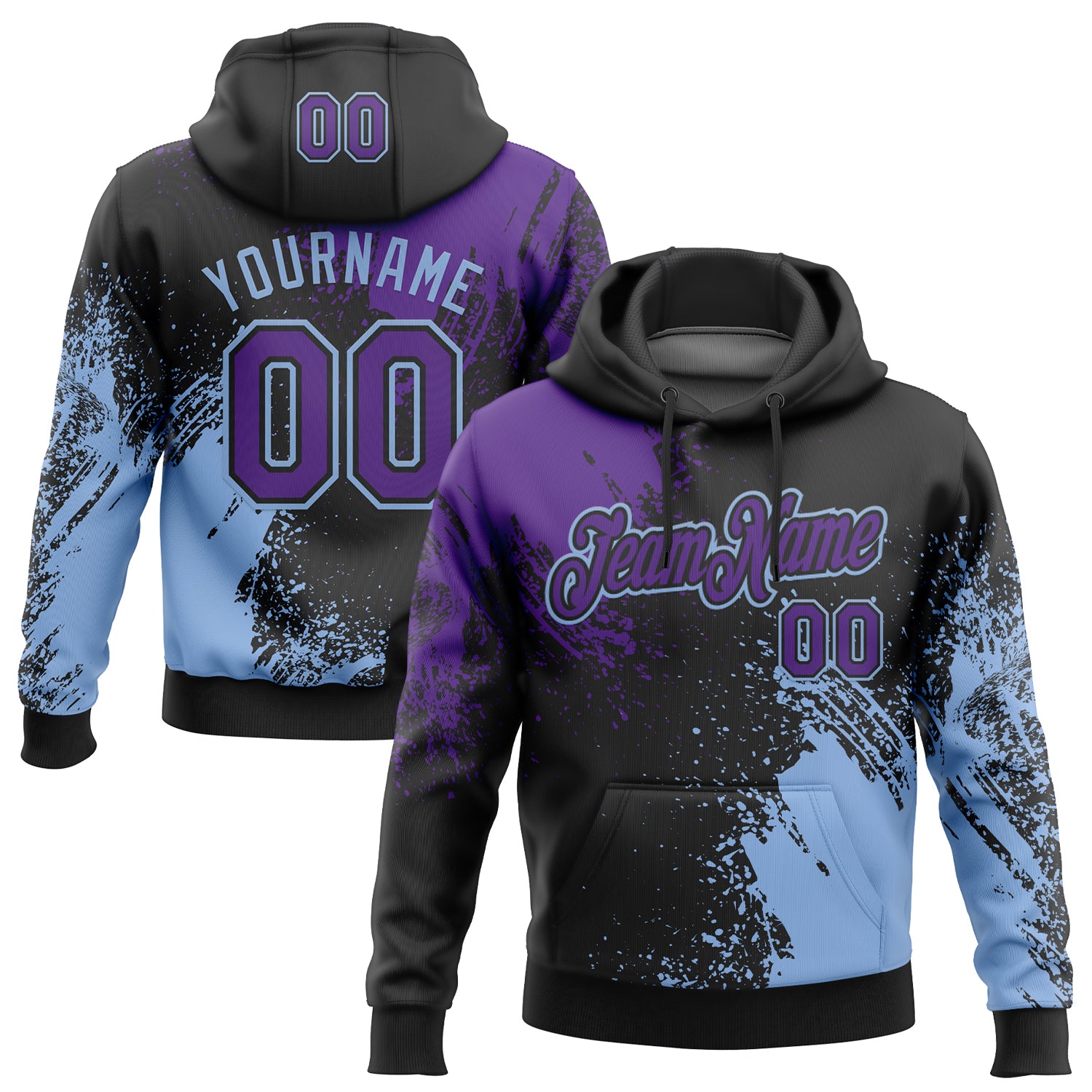 Custom Stitched Black Purple-Light Blue 3D Pattern Design Abstract Brush Stroke Sports Pullover Sweatshirt Hoodie
