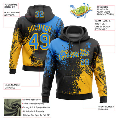 Custom Stitched Black Powder Blue-Gold 3D Pattern Design Abstract Brush Stroke Sports Pullover Sweatshirt Hoodie