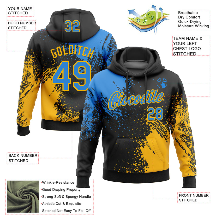 Custom Stitched Black Powder Blue-Gold 3D Pattern Design Abstract Brush Stroke Sports Pullover Sweatshirt Hoodie