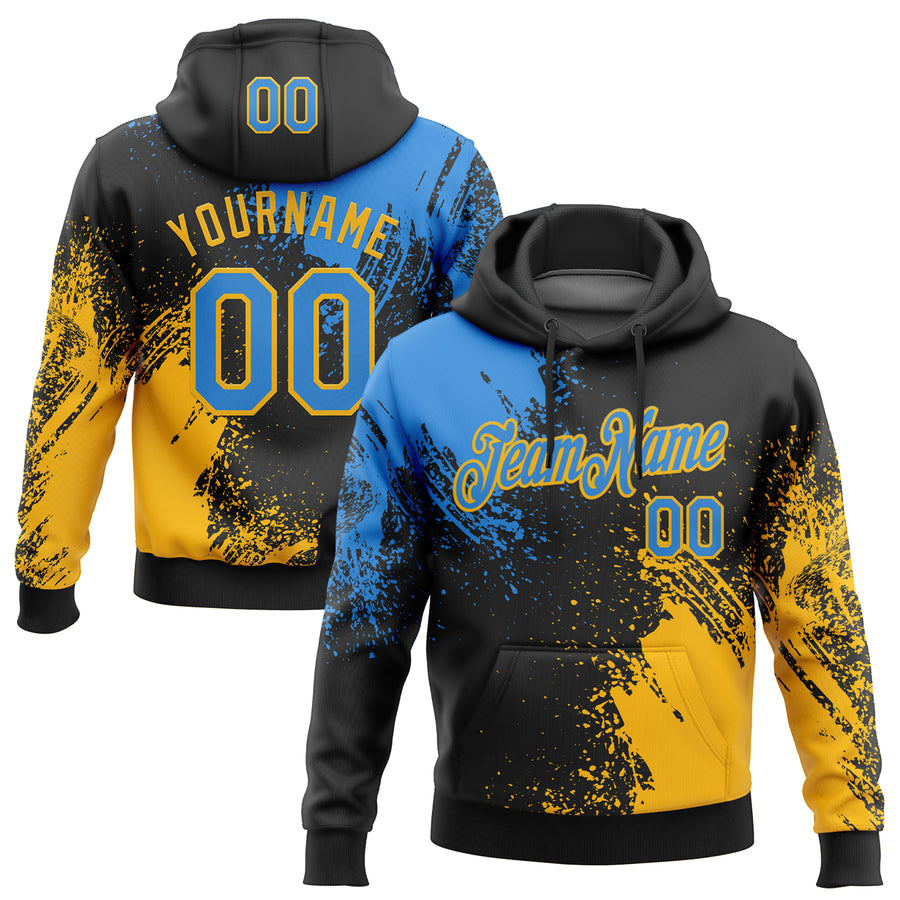 Custom Stitched Black Powder Blue-Gold 3D Pattern Design Abstract Brush Stroke Sports Pullover Sweatshirt Hoodie