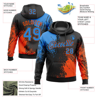 Custom Stitched Black Powder Blue-Orange 3D Pattern Design Abstract Brush Stroke Sports Pullover Sweatshirt Hoodie