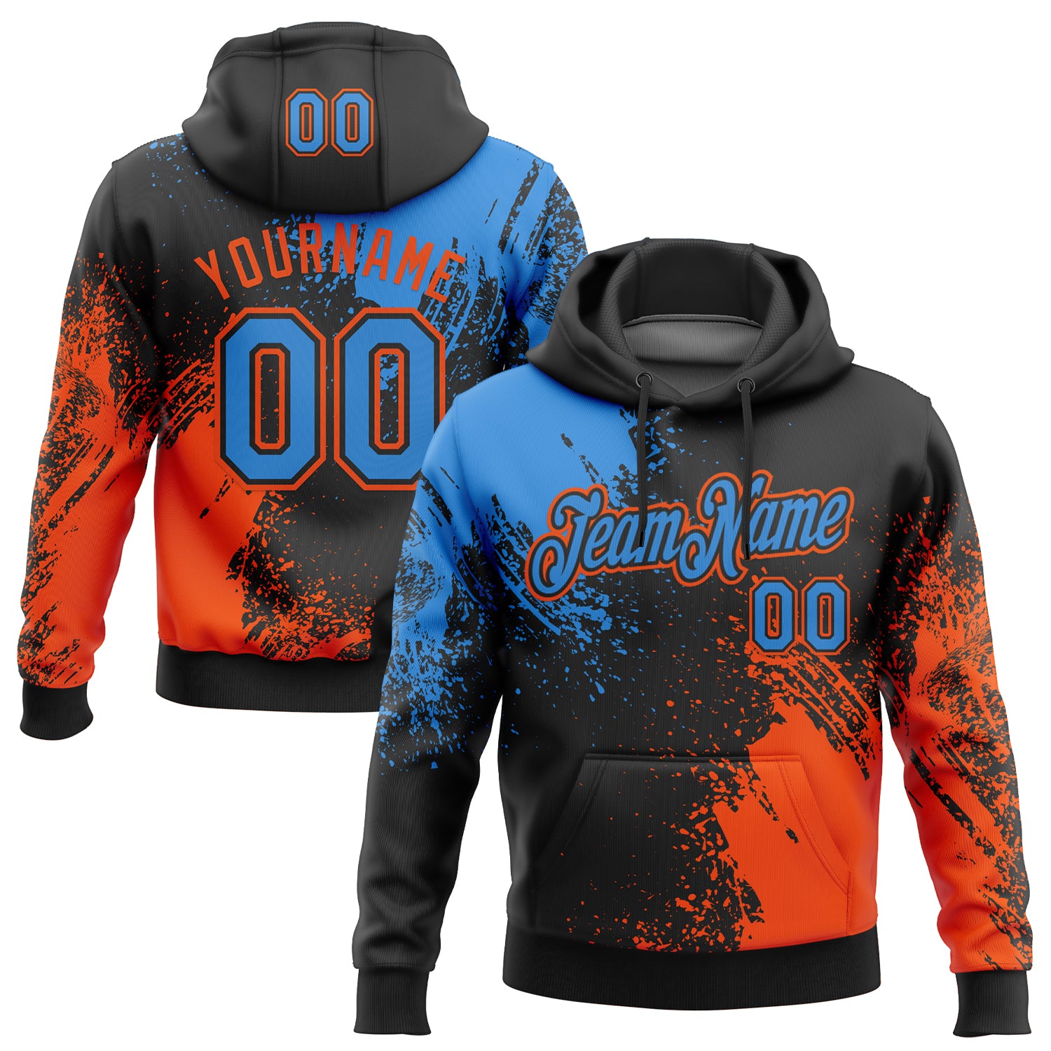 Custom Stitched Black Powder Blue-Orange 3D Pattern Design Abstract Brush Stroke Sports Pullover Sweatshirt Hoodie