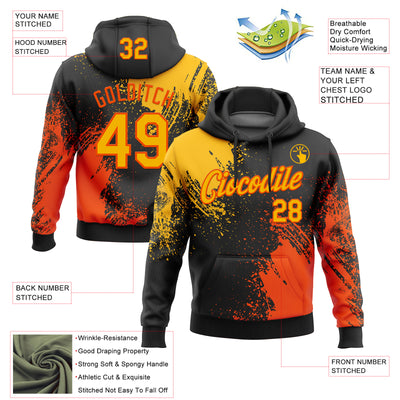 Custom Stitched Black Gold-Orange 3D Pattern Design Abstract Brush Stroke Sports Pullover Sweatshirt Hoodie