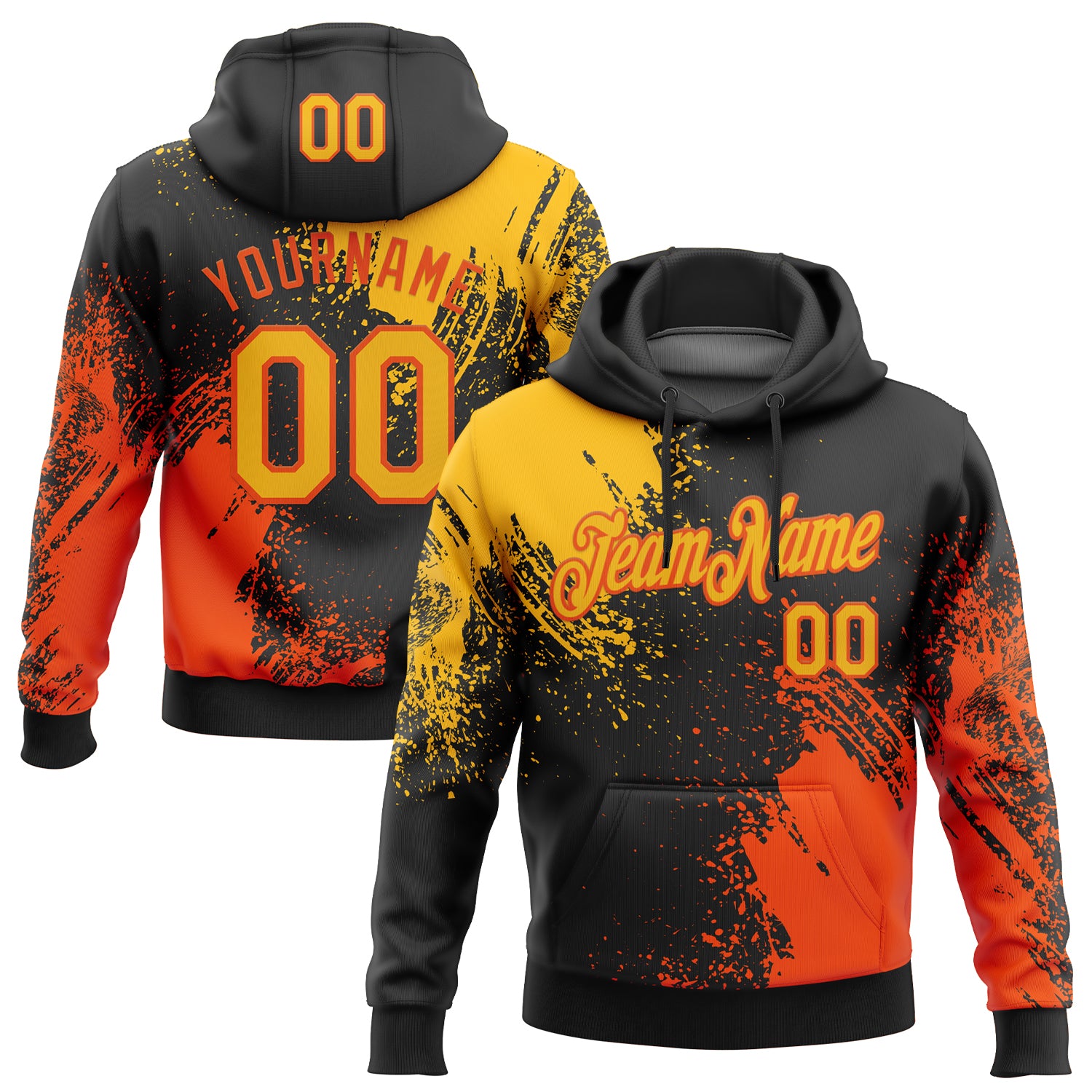 Custom Stitched Black Gold-Orange 3D Pattern Design Abstract Brush Stroke Sports Pullover Sweatshirt Hoodie