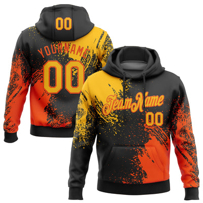 Custom Stitched Black Gold-Orange 3D Pattern Design Abstract Brush Stroke Sports Pullover Sweatshirt Hoodie