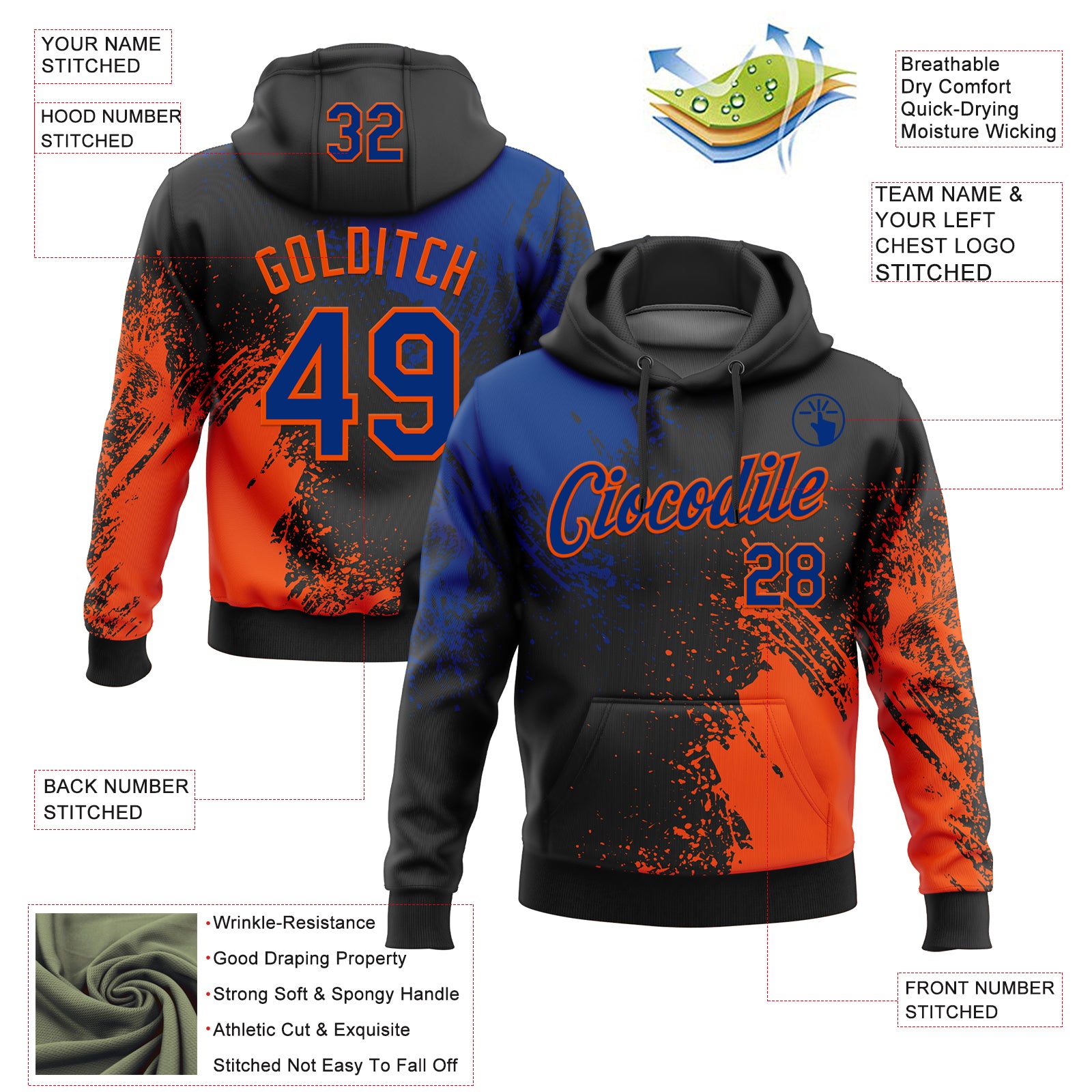 Custom Stitched Black Royal-Orange 3D Pattern Design Abstract Brush Stroke Sports Pullover Sweatshirt Hoodie