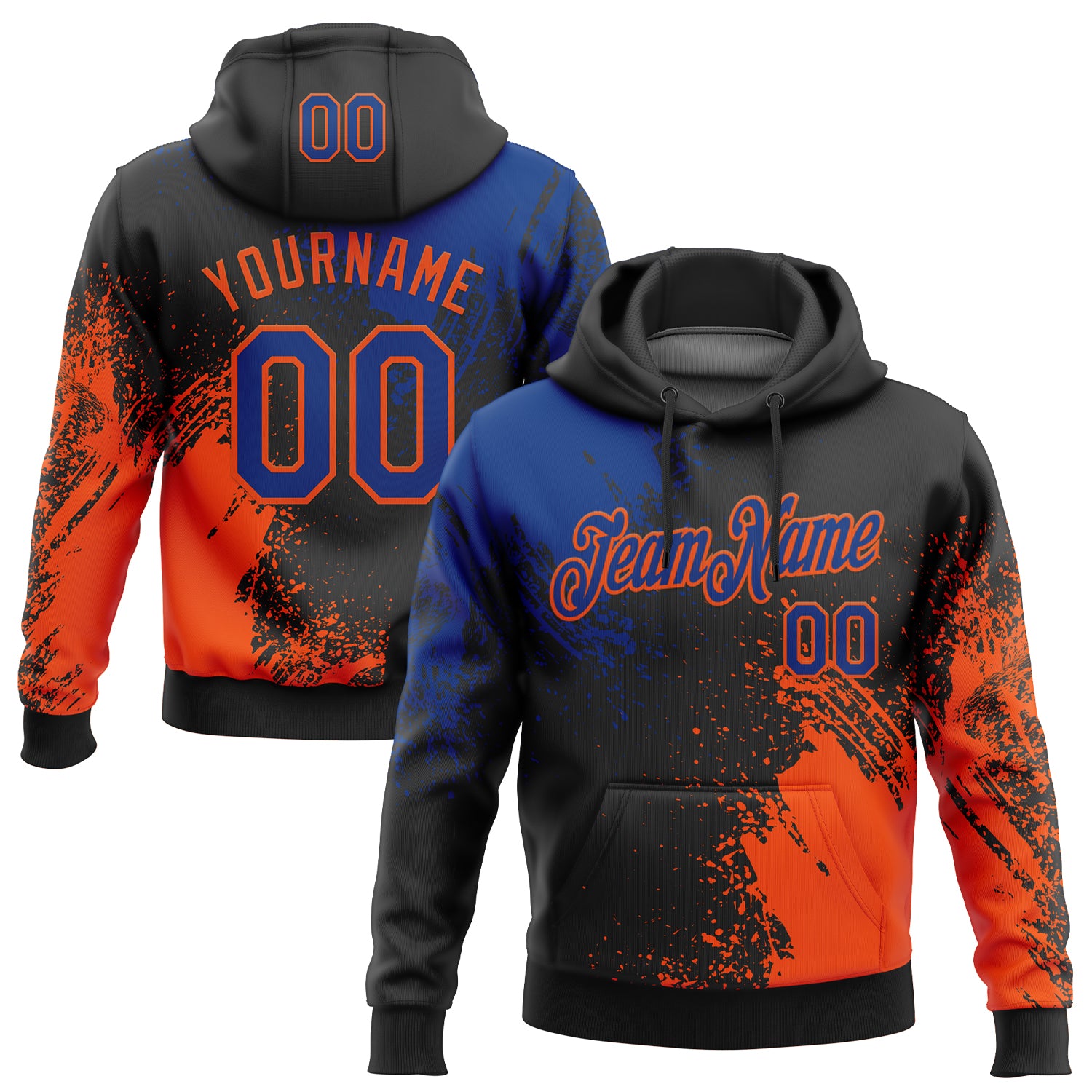 Custom Stitched Black Royal-Orange 3D Pattern Design Abstract Brush Stroke Sports Pullover Sweatshirt Hoodie
