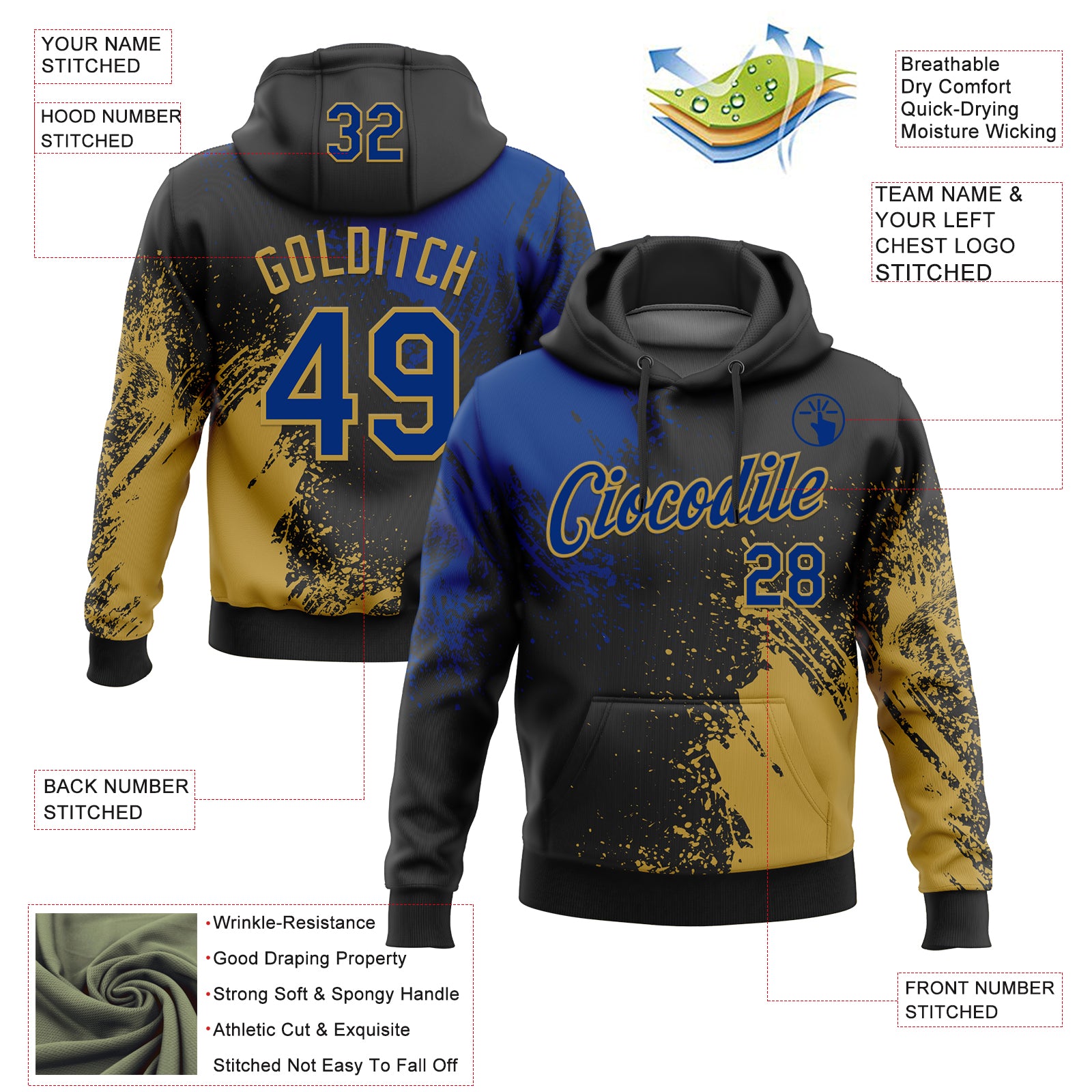 Custom Stitched Black Royal-Old Gold 3D Pattern Design Abstract Brush Stroke Sports Pullover Sweatshirt Hoodie