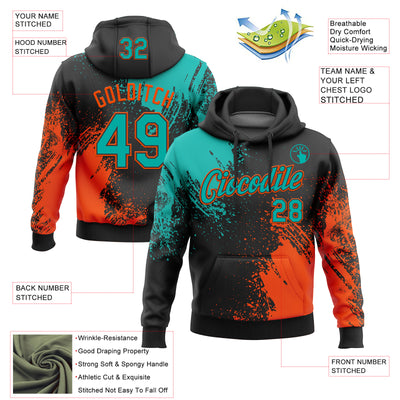 Custom Stitched Black Aqua-Orange 3D Pattern Design Abstract Brush Stroke Sports Pullover Sweatshirt Hoodie